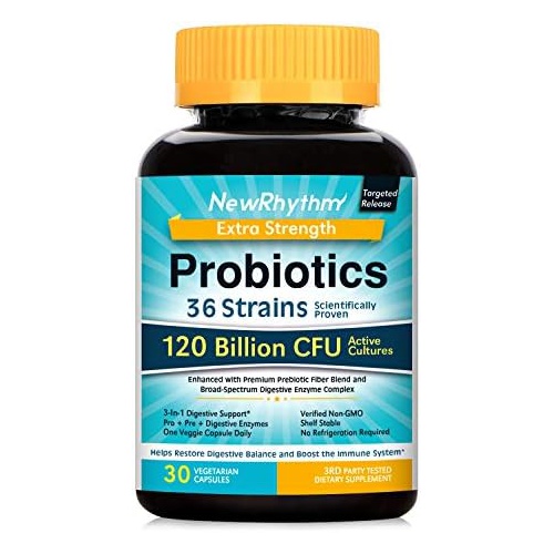  NewRhythm Probiotics 120 Billion CFU 36 Strains, 3-in-1 Digestive & Immune Support with Prebiotics & Enzymes, Targeted Release, Stomach Acid Resistant, No Refrigeration, Non-GMO, V