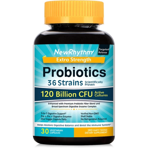 NewRhythm Probiotics 120 Billion CFU 36 Strains, 3-in-1 Digestive & Immune Support with Prebiotics & Enzymes, Targeted Release, Stomach Acid Resistant, No Refrigeration, Non-GMO, V