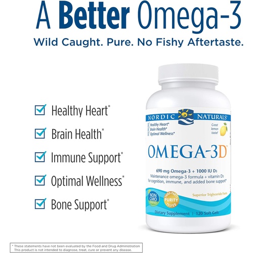  Nordic Naturals Omega-3D, Lemon Flavor - 120 Soft Gels - 690 mg Omega-3 + 1000 IU Vitamin D3 - Fish Oil - EPA & DHA - Immune Support, Brain & Heart Health, Healthy Bones - Non-GMO