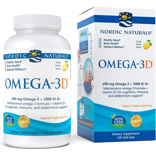  Nordic Naturals Omega-3D, Lemon Flavor - 120 Soft Gels - 690 mg Omega-3 + 1000 IU Vitamin D3 - Fish Oil - EPA & DHA - Immune Support, Brain & Heart Health, Healthy Bones - Non-GMO