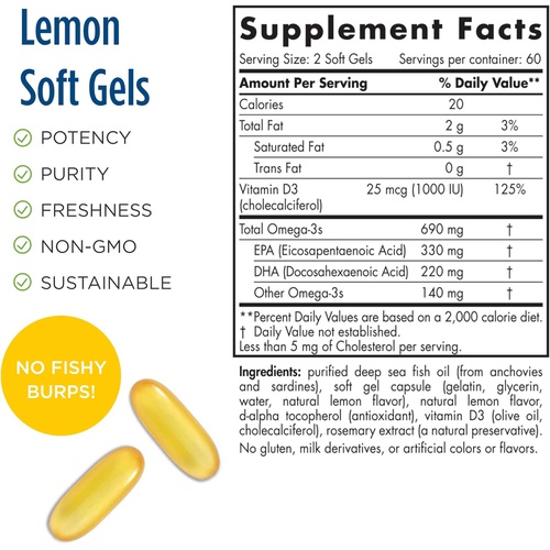  Nordic Naturals Omega-3D, Lemon Flavor - 120 Soft Gels - 690 mg Omega-3 + 1000 IU Vitamin D3 - Fish Oil - EPA & DHA - Immune Support, Brain & Heart Health, Healthy Bones - Non-GMO