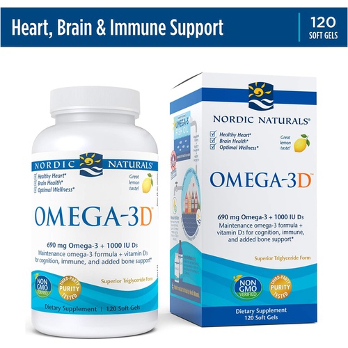  Nordic Naturals Omega-3D, Lemon Flavor - 120 Soft Gels - 690 mg Omega-3 + 1000 IU Vitamin D3 - Fish Oil - EPA & DHA - Immune Support, Brain & Heart Health, Healthy Bones - Non-GMO