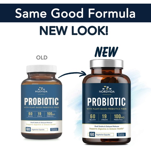  Nordvida Probiotics 60 Billion CFU 19 Strains with Organic Prebiotic for Men & Women, Shelf Stable Delayed Release, No Need for Refrigeration, Digestive & Immune Health, Non-GMO, Vegan, No