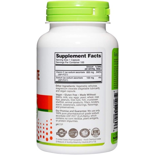  NutriBiotic - Sodium Ascorbate Buffered Vitamin C Capsules, 100 Ct Vegan, Non-Acidic & Easier on Digestion Than Ascorbic Acid Essential Immune Support & Antioxidant Supplement Glut