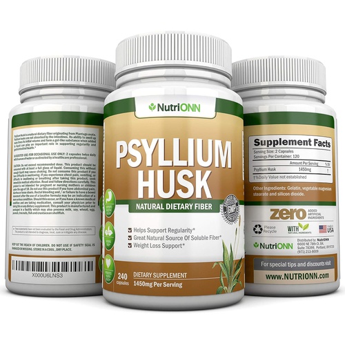  NutriONN PSYLLIUM Husk Capsules - 1450mg Per Serving - 240 Capsules - Premium Psyllium Fiber Supplement - Great for Constipation, Digestion and Regularity - 100% Natural Soluble Fiber