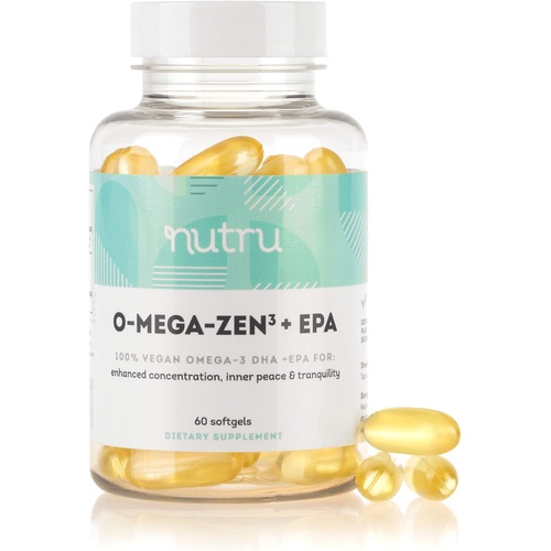  Nutru O-Mega-Zen3 +EPA Vegan Omega 3 Supplement - Fish Oil Alternative - Premium Marine Algal Based Omega-3 DHA and EPA Fatty Acids - 500mg of Omega-3s - 60 Softgels