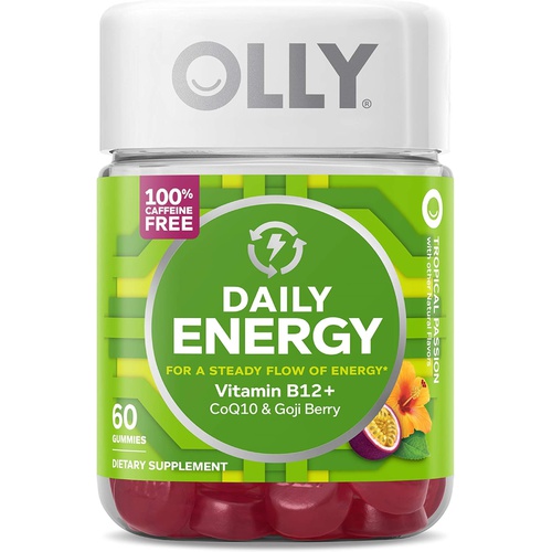  OLLY Daily Energy Gummy, Caffeine Free, Vitamin B12, CoQ10, Goji Berry, Adult Chewable Supplement, Tropical Flavor - 60 Count