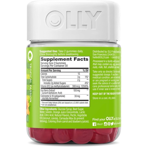  OLLY Daily Energy Gummy, Caffeine Free, Vitamin B12, CoQ10, Goji Berry, Adult Chewable Supplement, Tropical Flavor - 60 Count