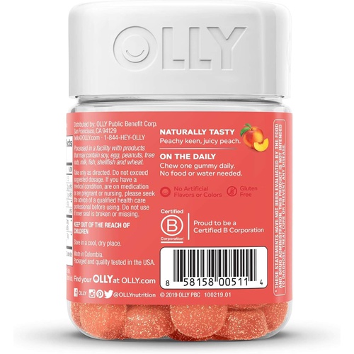  OLLY Probiotic + Prebiotic Gummy, Digestive Support and Gut Health, 500 Million CFUs, Fiber, Adult Chewable Supplement for Men and Women, Peach, 30 Day Supply - 30 Count