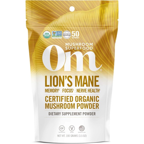  Om Mushroom Superfood Lions Mane Organic Mushroom Powder, 3.5 Ounce, 50 Servings, Fruit Body and Mycelium Nootropic for Memory Support, Focus, Clarity, Nerve Health, Creativity and
