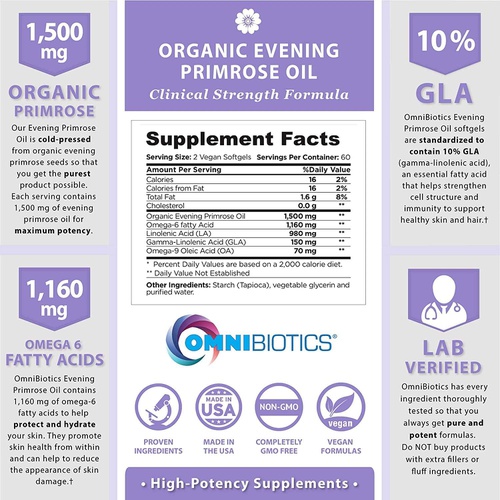  OmniBiotics Organic Evening Primrose Oil Clinical Strength 1,500 mg 10% GLA Cold-Pressed, Non-GMO Hormone Balance for Women Menopause and PMS Relief 120 Vegan softgel Capsules