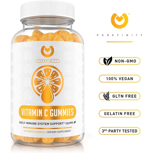  PUREFINITY Vitamin C Gummies - Extra Strength Ascorbic Acid Immune Booster Formulated for Immune System Support for Adults & Kids  GMO & Gluten Free, Vegan, Citrus Orange Pectin Antioxidant