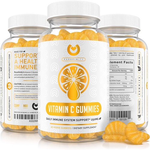  PUREFINITY Vitamin C Gummies - Extra Strength Ascorbic Acid Immune Booster Formulated for Immune System Support for Adults & Kids  GMO & Gluten Free, Vegan, Citrus Orange Pectin Antioxidant