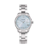 Philip Stein Analog Display Wrist Swiss Quartz Traveler Ladies Smart Watch Stainless Steel Silver Clasp Chain with Light Blue Dial Natural Frequency Technology Provides Energy - Mo