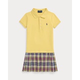 Plaid-Skirt Stretch Mesh Polo Dress