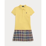 Plaid-Skirt Stretch Mesh Polo Dress