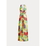 Tie-Dye-Print Ruffle-Trim Chiffon Gown