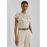Ruffle-Trim Embroidered Mesh Blouse