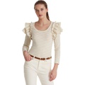 LAUREN Ralph Lauren Petite Metallic Striped Ruffle-Trim Knit Top