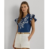 Womens Embroidered Flutter-Sleeve Top
