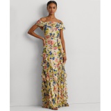 Womens Ruffled Floral Off-The-Shoulder Gown