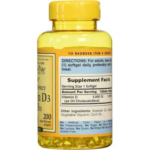  Vitamin D3 5,000 IU Bolsters Immunity by Puritans Pride for Immune System Support and Healthy Bones and Teeth 200 Softgels, packaging may vary
