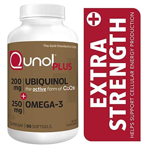  Qunol Plus Ubiquinol CoQ10 200mg with Omega 3 Fish Oil 250mg, Extra Strength, Antioxidant for Heart Health, Natural Supplement for Energy Production, Active Form of Coq10, (Bovine