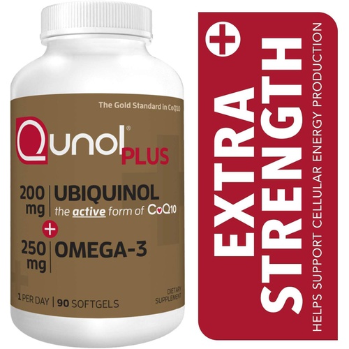  Qunol Plus Ubiquinol CoQ10 200mg with Omega 3 Fish Oil 250mg, Extra Strength, Antioxidant for Heart Health, Natural Supplement for Energy Production, Active Form of Coq10, (Bovine