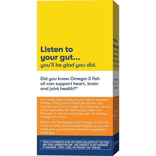  Renew Life Fish Oil, Norwegian Gold Omega-3 Supplement  Critical Omega-3 Fish Oil Supplement, Dairy & Gluten Free, Supports Healthy Heart & Brain Function, Burp-Free - 120 Softge