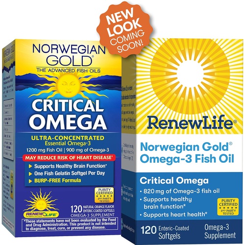  Renew Life Fish Oil, Norwegian Gold Omega-3 Supplement  Critical Omega-3 Fish Oil Supplement, Dairy & Gluten Free, Supports Healthy Heart & Brain Function, Burp-Free - 120 Softge