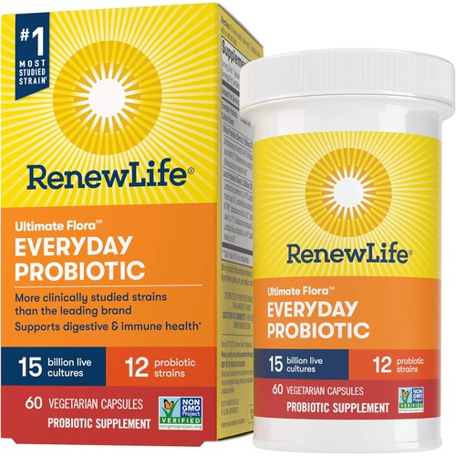  Renew Life Adult Probiotics, 15 Billion CFU Guaranteed, Everyday Probiotic Supplement for Digestive & Immune Health, Shelf Stable, Gluten Dairy & Soy Free, 60 Capsules