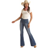 Rock and Roll Cowgirl High-Rise Bargain Bell Indigo wu002F Flat Front Seams Pull-On Flare in Medium Wash