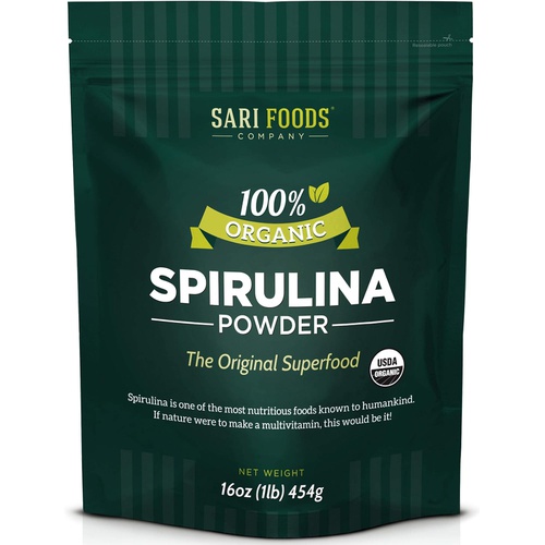  Sari Foods Co Organic Spirulina Powder (16 Ounce): Naturally Vegan, Supplies Folate, Vitamin B12, Iron, Omega Fatty Acids, GLA, Beta Carotene, Chlorophyll, Amino Acids
