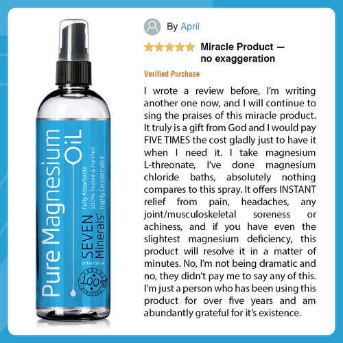  Seven Minerals Pure Magnesium Oil Spray - Big 12 fl oz (Lasts 9 Months) 100% Natural, USP Grade = No Unhealthy Trace Minerals - from an Ancient Underground Permian Seabed in USA - Free Ebook Incl