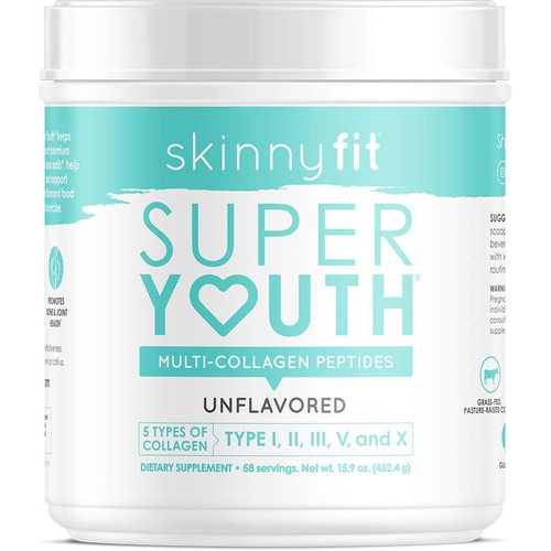  SkinnyFit Super Youth Multi-Collagen Peptides Plus Apple Cider Vinegar, Hyaluronic Acid, & Vitamin C, Unflavored, Hair, Skin, Nail & Joint Support, Immunity, Healthy Metabolism, 28