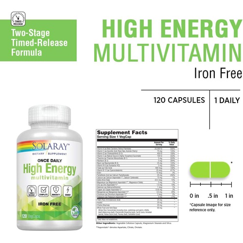  SOLARAY Once Daily High Energy Multivitamin, Iron Free, Timed Release Energy Support, Whole Food and Herb Base Ingredients, Men’s and Women’s Multi Vitamin, 120 Servings, 120 VegCa