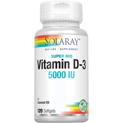  SOLARAY Super Bio Vitamin D-3 in Coconut Oil, Healthy Bone Strength & Immune Support, No Soy, 120 Softgels