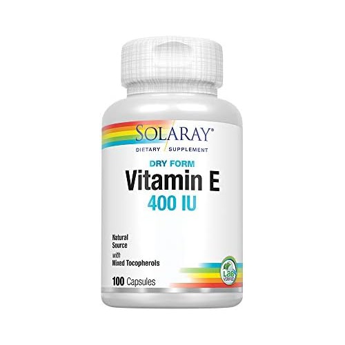  SOLARAY Vitamin E, Dry 400 IU w/ Mixed Tocopherols Non-Oily Healthy Cardiac Function, Antioxidant Activity & Skin Health Support 100 Capsules