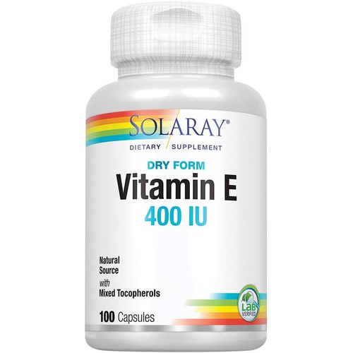  SOLARAY Vitamin E, Dry 400 IU w/ Mixed Tocopherols Non-Oily Healthy Cardiac Function, Antioxidant Activity & Skin Health Support 100 Capsules