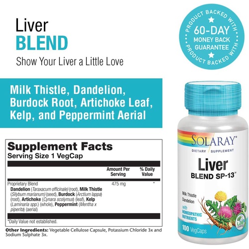  SOLARAY Liver Blend SP-13 Healthy Liver & Kidney Support with Milk Thistle, Dandelion, Artichoke Leaf, Kelp, Peppermint Aerial & More 100 VegCaps