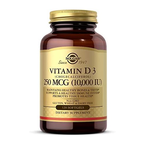  Solgar Vitamin D3 (Cholecalciferol) 250 MCG (10,000 IU), 120 Softgels - Helps Maintain Healthy Bones & Teeth - Immune System Support - Non GMO, Gluten/ Dairy Free - 120 Servings