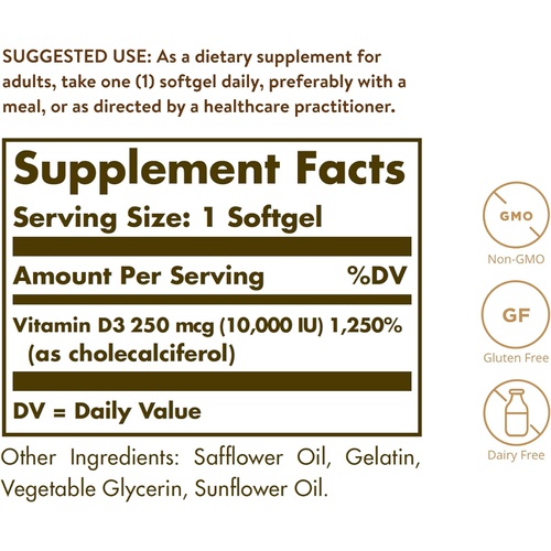  Solgar Vitamin D3 (Cholecalciferol) 250 MCG (10,000 IU), 120 Softgels - Helps Maintain Healthy Bones & Teeth - Immune System Support - Non GMO, Gluten/ Dairy Free - 120 Servings