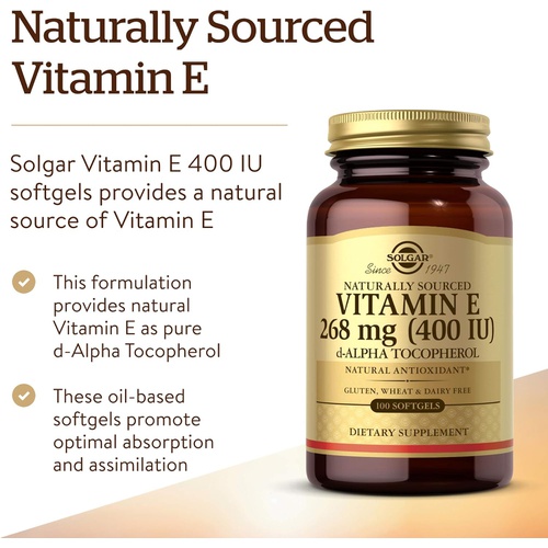  Solgar Vitamin E 268mg (400 IU) Alpha, 100 Softgels - Natural Antioxidant, Healthy Skin & Immune System Support - Naturally-Sourced Vitamin E - Gluten Free, Dairy Free - 100 Servin