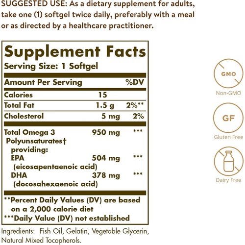  Solgar Triple Strength Omega 3 950 mg - 100 Softgels, Pack of 2 - Supports Cardiovascular, Joint & Skin Health - Non-GMO, Gluten Free, Dairy Free - 200 Total Servings