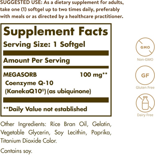  Solgar Megasorb CoQ-10 200 mg, 60 Softgels - Supports Heart & Brain Function - Coenzyme Q10 Supplement - Enhanced Absorption - Gluten Free, Dairy Free - 60 Servings