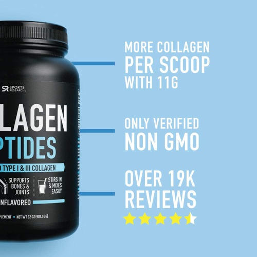  Sports Research Collagen Powder Supplement - Vital for Workout Recovery, Skin, & Nails - Hydrolyzed Protein Peptides - Great Keto Friendly Nutrition for Men & Women - Mix in Drinks