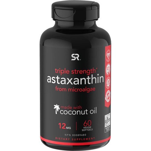  Sports Research Triple Strength Astaxanthin Supplement from Algae w/ Organic Coconut Oil - Natural Support for Skin & Eye Health - Non-GMO & Gluten Free - 12mg, 60 Softgels for Adu