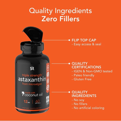 Sports Research Triple Strength Astaxanthin Supplement from Algae w/ Organic Coconut Oil - Natural Support for Skin & Eye Health - Non-GMO & Gluten Free - 12mg, 60 Softgels for Adu