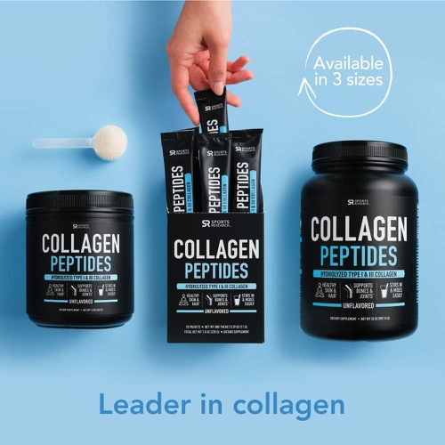  Sports Research Collagen Peptides - Hydrolyzed Type 1 & 3 Collagen Powder Protein Supplement for Healthy Skin, Nails, Bones & Joints - Easy Mixing Vital Nutrients & Proteins, Colla