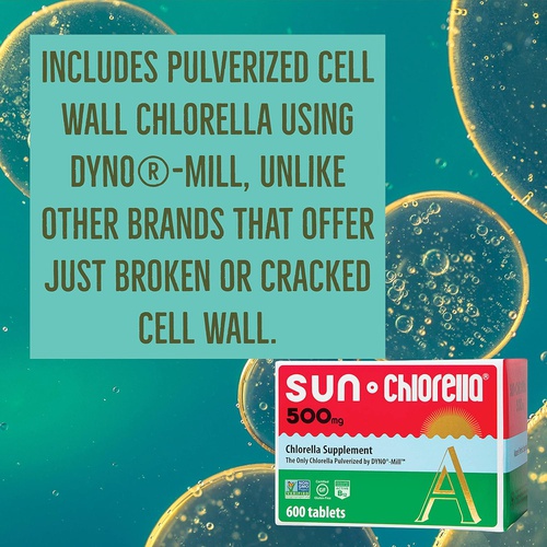  Sun Chlorella 500mg Whole Body Wellness Green Algae Superfood Supplement - Immune Defense, Gut Health, Natural Purification, Energy Boost - Chlorophyll, B12, Iron, Protein - Non-GM
